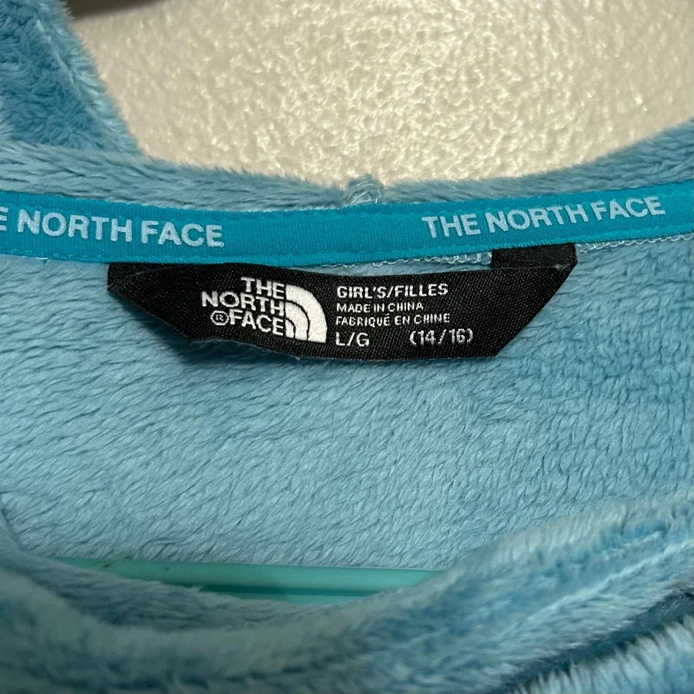 North Face Kids Fleece Hoodie Girls L 14/16 Blue Osito Kangaroo Pocket Pullover